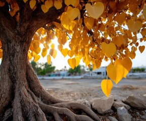 Bodhi tree with heart shaped yellow leaves in buddhist Temple, asia