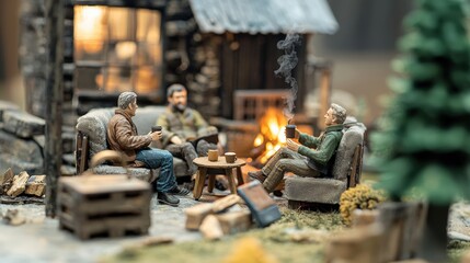 Miniature men enjoying campfire coffee break