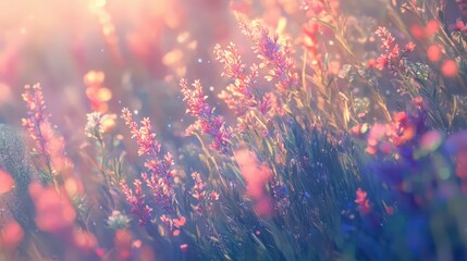 A dreamy field of lavender flowers with bokeh lights and soft pastel colors in the background