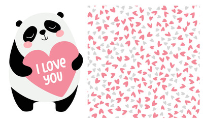 Vector set of prints to print on children's products for Valentine's Day. Cute panda in love holding a big heart, inscription I love you. Seamless vector pattern with hearts. Vector illustration