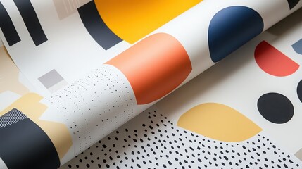 Close up of rolled wallpaper with abstract shapes in various colors and patterns on a white background