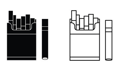 Cigarette icon vector with packet. Smoke symbol and sign. Tobacco cigarette packet vector symbol, Bad habit concept, nicotine addiction symbol. Vector illustration.