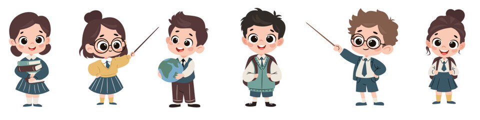 Set of flat vector illustrations on school theme in simple child style. Cute boys and girls in school uniform with books, backpack and globe. Vector illustration