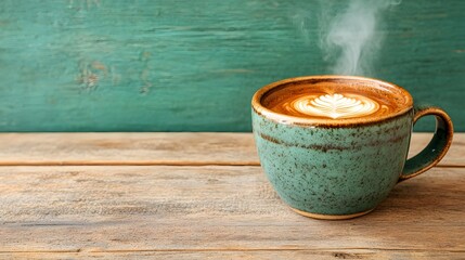 Steaming Latte Art in Rustic Green Mug on Wooden Table