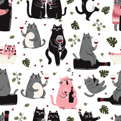 Cute Scandinavian style cats with a glass and a bottle of wine, singing and taking a bath monstera leaves and green plants. Seamless vector pattern in a simple childish style. . Vector illustration