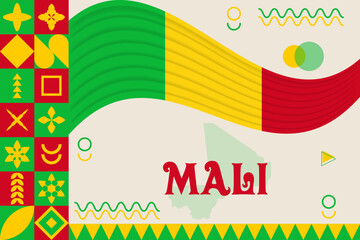 Mali banner with cultural design. Independence day design for Mali celebration. Modern neo geometric retro design with flag, map and abstract icons. Yellow and Green. Vector Illustration