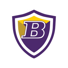 This is a logo of an initial letter B on a shield in bold font in college varsity style in purple and yellow color in simple flat style that looks bold and sporty on a white background