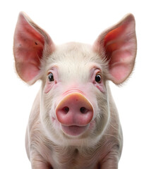 Curious Pig Face: front view of a pig’s face, pink snout, floppy ears, soft fur, PNG clarity