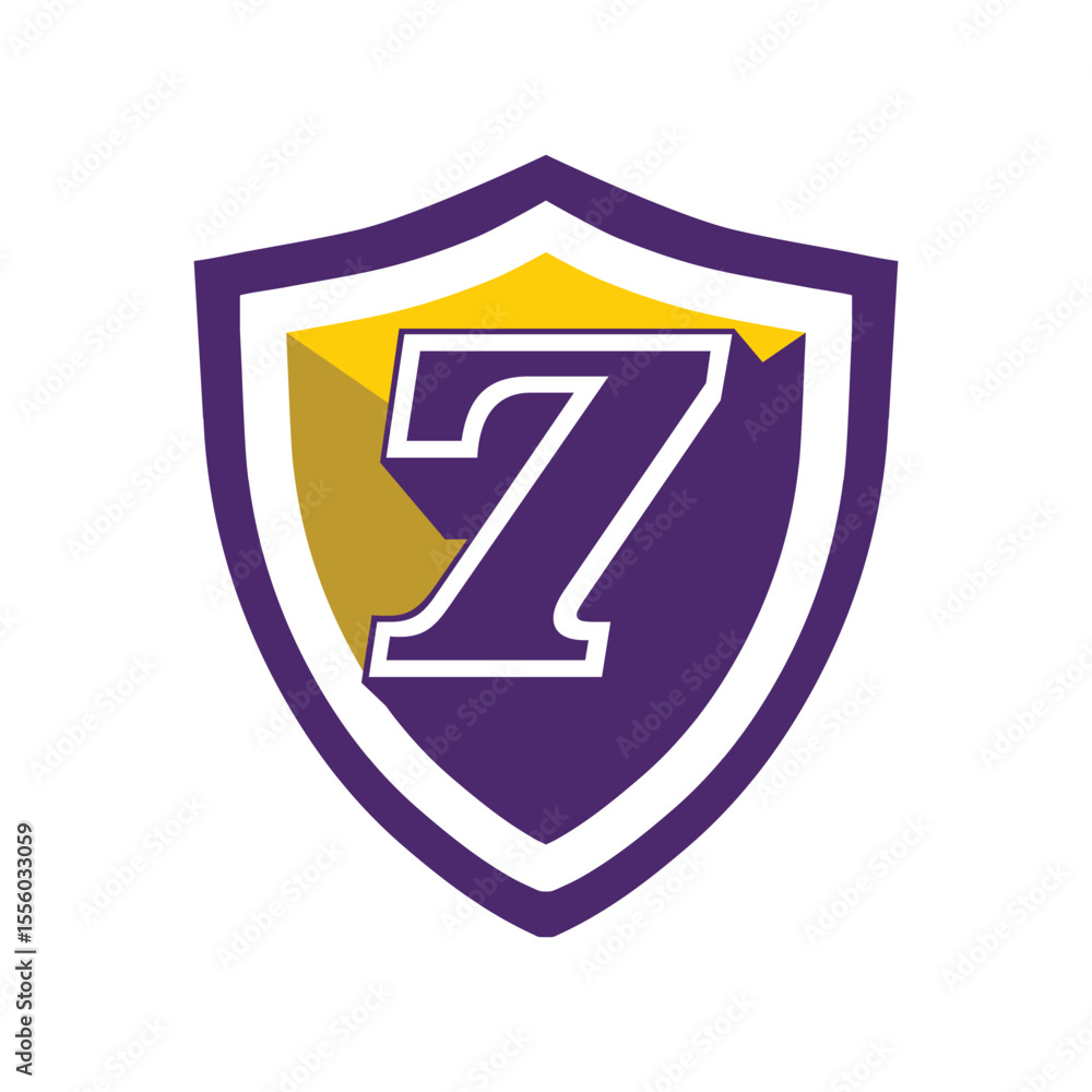 Fototapete this is a logo of an initial number 7 on a shield in bold font in college varsity style in purple an