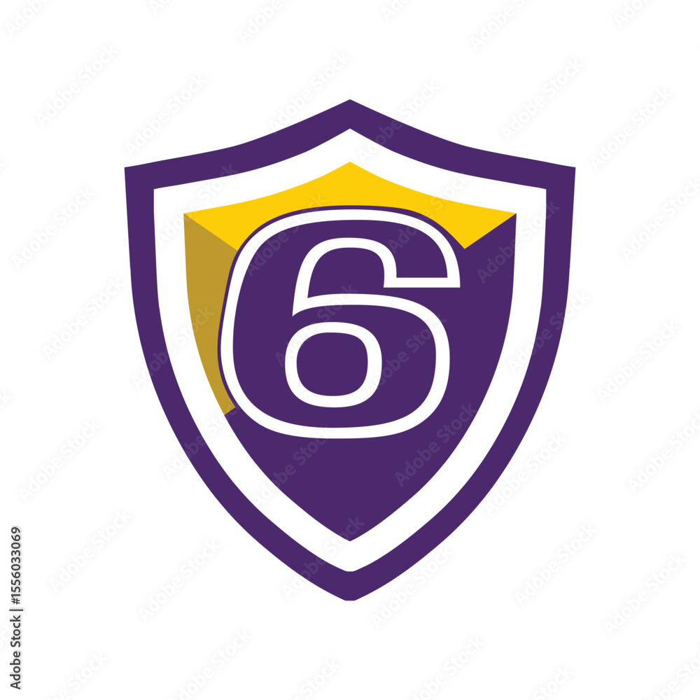 Fototapete this is a logo of an initial number 6 on a shield in bold font in college varsity style in purple an