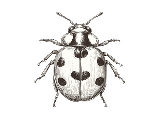 Spring ladybug engraving, vintage insect illustration, black line drawing, retro garden decor, old engraving style, hand-drawn sketch, delicate insect art, floral pattern, rustic design © Vintage Studio