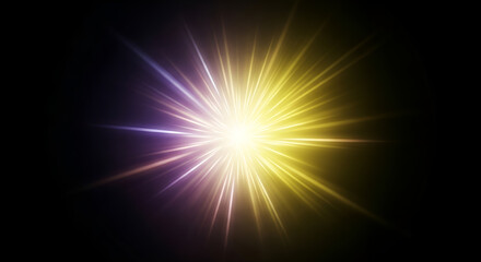 Fototapeta premium Dynamic Light Burst A dazzling explosion of radiant energy with vibrant yellow and purple rays emanating against a deep black backdrop, creating a captivating and abstract visual effect