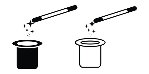 Magic hat icon with magic wand, stars. Silhouette of magic hat, cap, wand, star, magical trick sign,  circus symbol. Vector illustration.