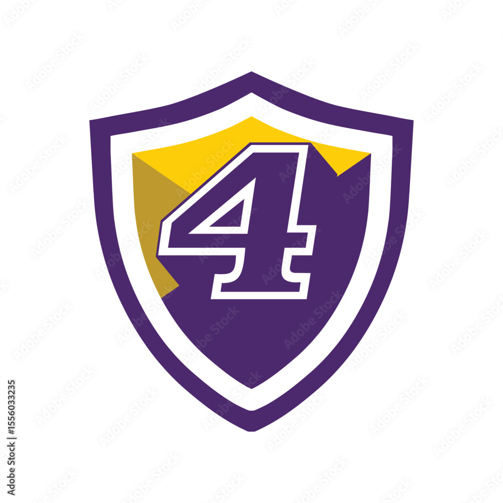 Poster this is a logo of an initial number 4 on a shield in bold font in college varsity style in purple an