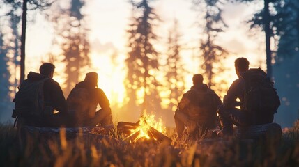 Silhouetted hikers campfire sunset wilderness adventure