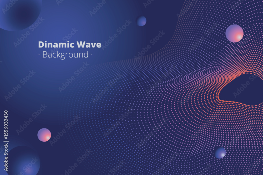 Poster dynamic wave background with glowing dots and spheres