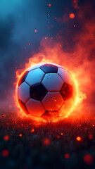 Fototapeta premium Phone Wallpapers, Mobile Backgrounds, Smartphone Wallpaper, Fiery Soccer Ball In Goal In red and blue Flames, soccer ball in red and blue flames and smoke light background. creative sport wallpaper