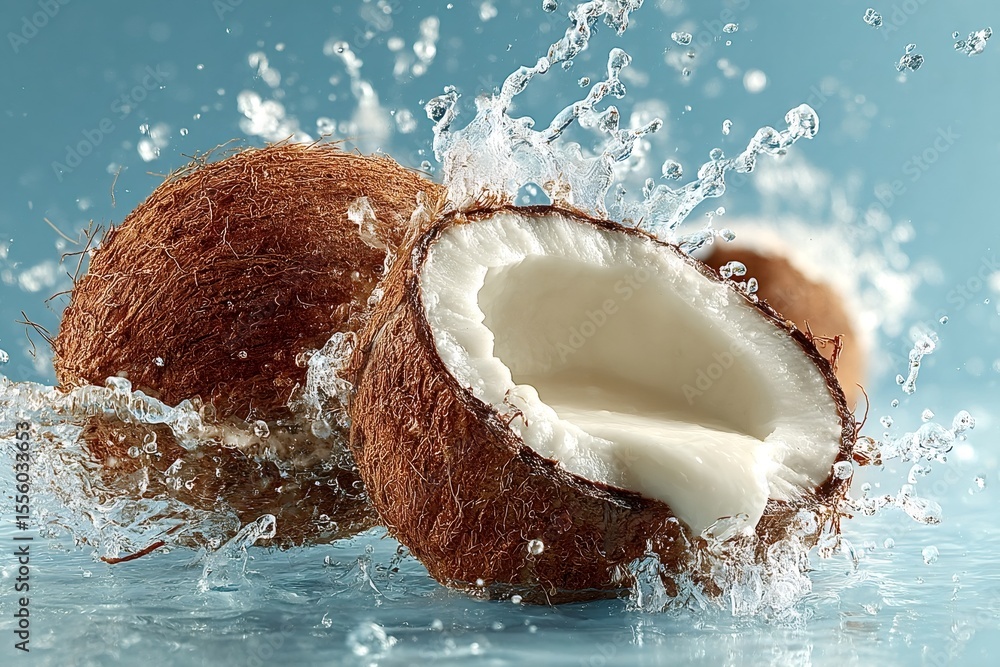 Aufkleber two coconuts, one of them broken open revealing its white flesh, are making a splash as they fall in