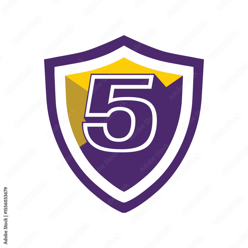 Poster this is a logo of an initial number 5 on a shield in bold font in college varsity style in purple an