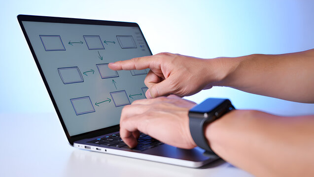 Person's hands interacting with a flowchart diagram on a laptop screen wearing a smartwatch