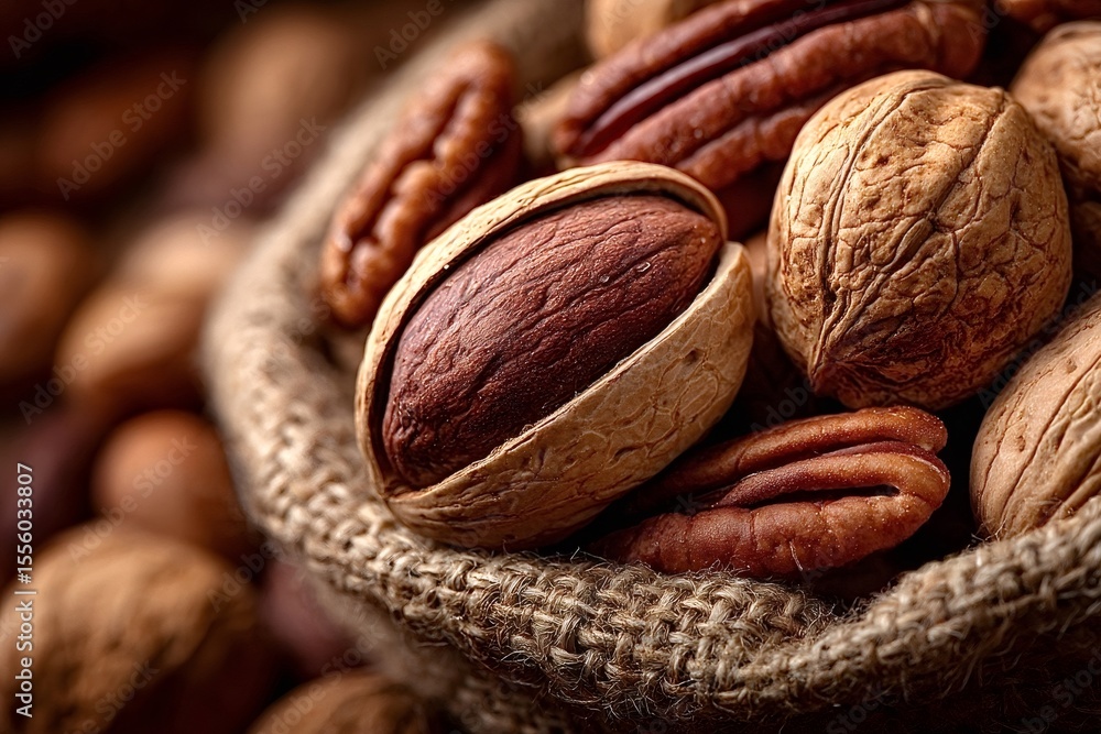 Aufkleber fresh pecans and walnuts are overflowing from a small burlap sack, creating a warm and inviting scen