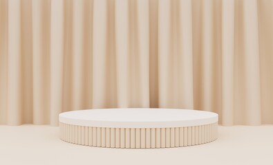 Beige podium, beige background with curtain for promoting fashion products, cosmetics, spa, beauty cream, perfume, 3D illustration.