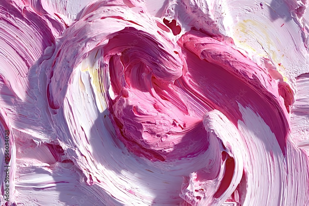 Poster thick strokes of pink and white oil paint create a dynamic abstract composition, swirling and overla