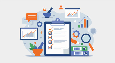  Task Completion, Quality Checklist, and Data Analysis Concept. Illustration of a checklist with checkmarks, analysis tools, and feedback elements for quality control.