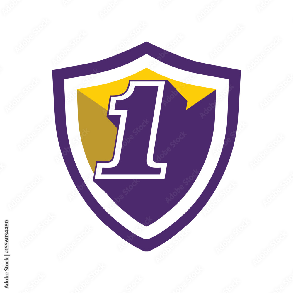 Poster this is a logo of an initial number 1 on a shield in bold font in college varsity style in purple an