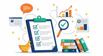  Task Completion, Quality Checklist, and Data Analysis Concept. Illustration of a checklist with checkmarks, analysis tools, and feedback elements for quality control.