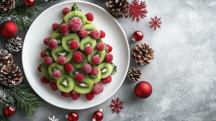 Festive Christmas Tree Dessert Idea with Kiwi and Raspberry Arrangement