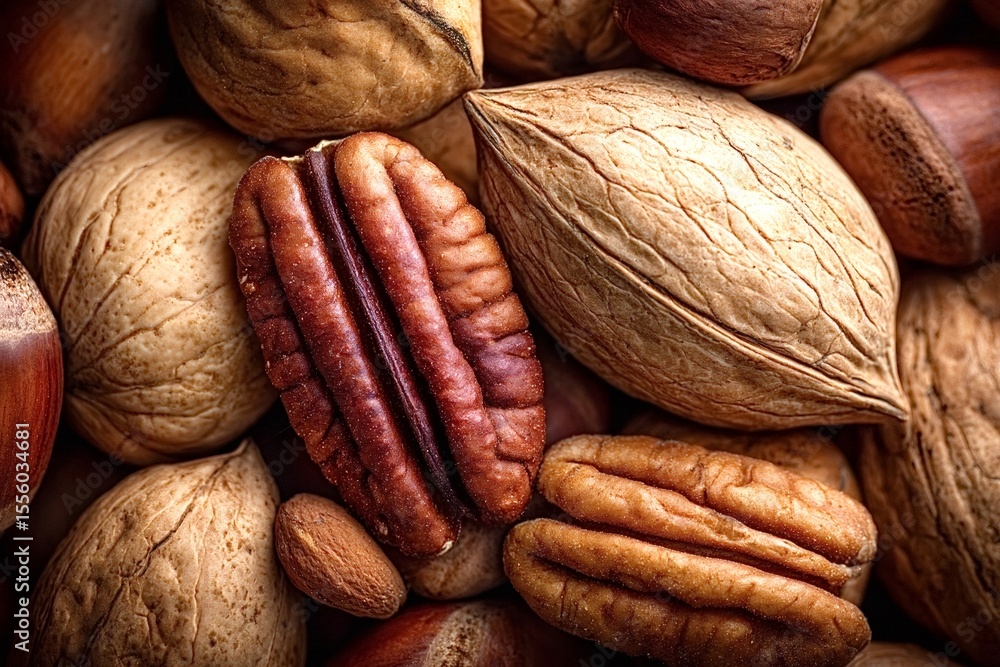 Poster close up of various nuts creating a visually appealing arrangement, highlighting the textures and na