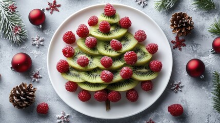 Festive fruit Christmas tree with raspberries and kiwi slices arrangement