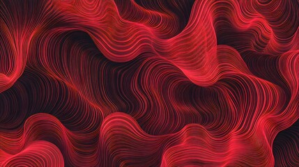Dark abstract composition with red waves and fine lines. Generative AI