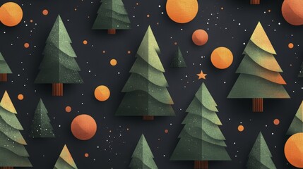 Festive Holiday Season Pattern of Christmas Trees and Ornaments on Black Background
