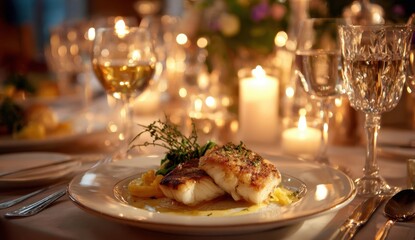 Fototapeta premium Indulge in a romantic dinner with pan-seared fish, candlelight, and fine wine.