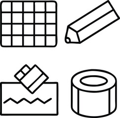 Glue sticks, graph paper, greeting cards, gum tape, gift tags icon