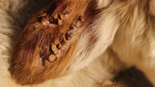 A large cluster of ticks feeding on a lamb&rsquo;s ear, highlighting a severe infestation. A powerful macro scene revealing zoonotic threats to animal and human health in rural areas.