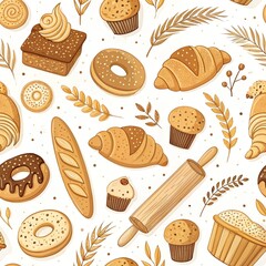 Bakery and Pastry Seamless Pattern &ndash; Cute Flat Vector.
Cute seamless pattern of bread, croissants, and pastries in soft flat style. Perfect for packaging, menus, and kitchen decor.