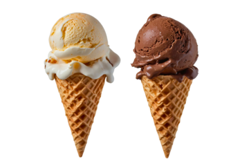 Ice cream scoop on waffle cone on transparent background cutout, PNG file. Many assorted different flavour Mockup template for artwork design.
