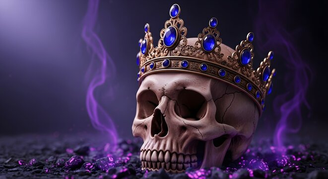 Human skull wearing golden crown with blue gems and purple glowing rocks on dark ground. Halloween or fantasy concept. - Powered by Adobe