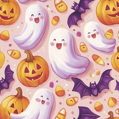 Halloween seamless pattern with pumpkins, ghosts, bats and candy corn in watercolor