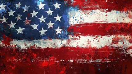 Grunge American Flag Art Painting with Splatters and Textured Background