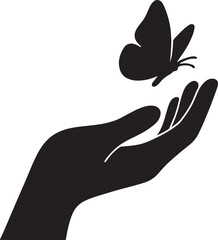 An open hand with the tiny silhouette of a butterfly taking flight from the fingertips vector silhouette art on white background