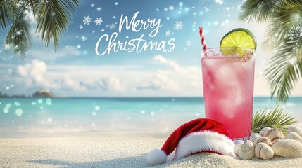 Merry Christmas at the beach with a pink drink and Santa's hat