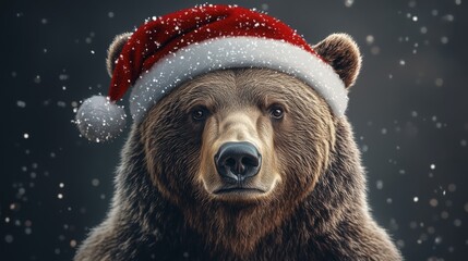 Majestic Grizzly Bear Sporting a Festive Santa Hat in a Winter Wonderland