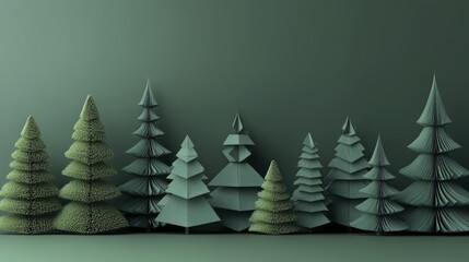 Monochromatic Christmas Forest of Paper and Textured Trees in Shades of Green