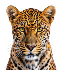 Obraz premium Spotted Leopard Face Close-Up: leopard face close-up with rosette spots, intense stare, PNG format