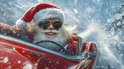 Santa Claus drives fast through the snow in his classic red car