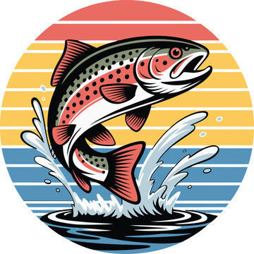 Stylized rainbow trout leaping from water against a retro sunset background